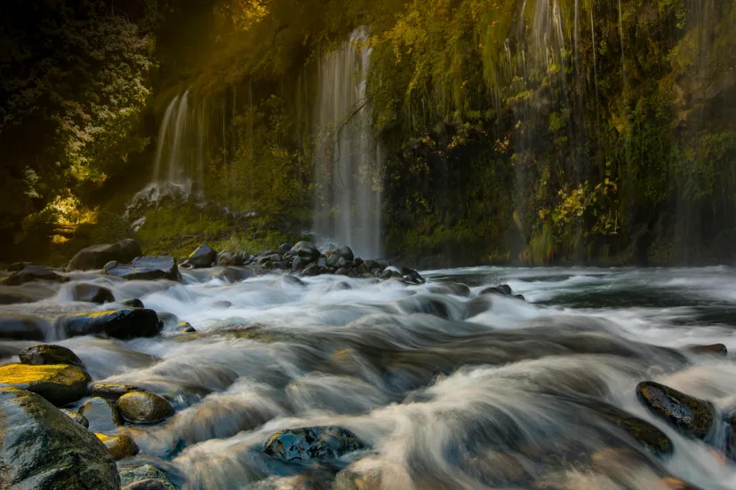 A waterfall running over mossy rocks in bushland
