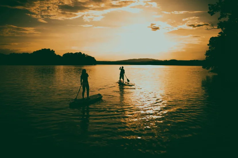 Paddleboarders on calm water at sunset